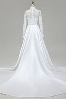 Laden Sie das Bild in den Galerie-Viewer, Elfenbein A Linie Lange Ärmel Hoher Hals Sweep Schleppe Brautkleid mit Spitze