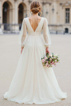 Elfenbein V-Ausschnitt Brautkleid mit langen Ärmeln