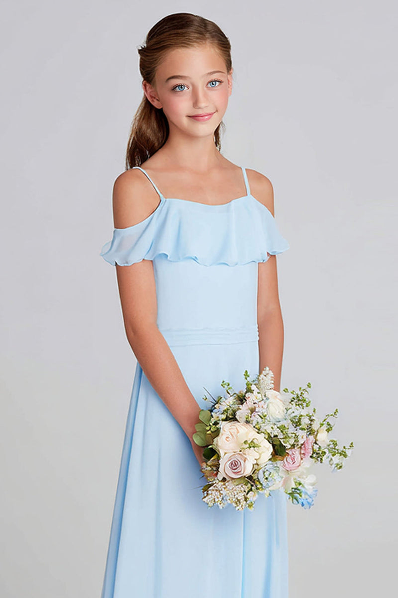 Laden Sie das Bild in den Galerie-Viewer, Himmelblaues Langes A-Linie Chiffon Junior-Brautjungfern Kleid mit kalter Schulter