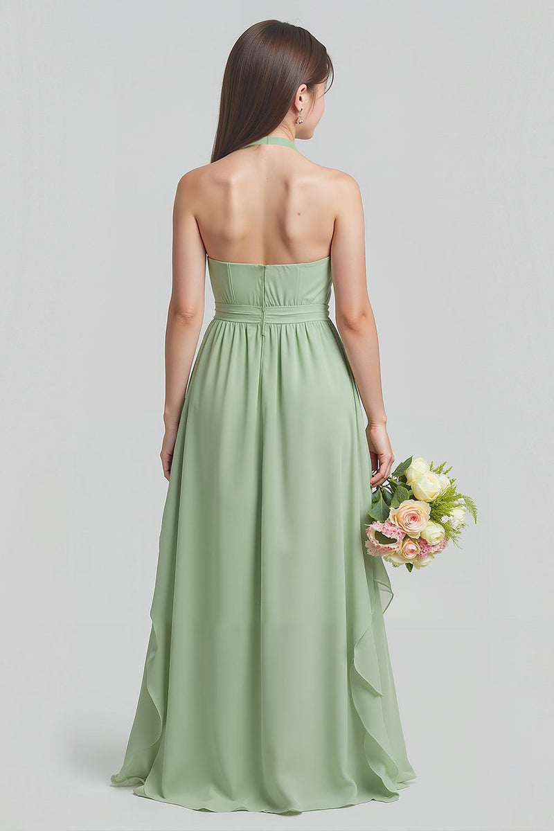 Laden Sie das Bild in den Galerie-Viewer, Salbeigrünes Chiffon Halfter A-Linie Kleid für junge Brautjungfern