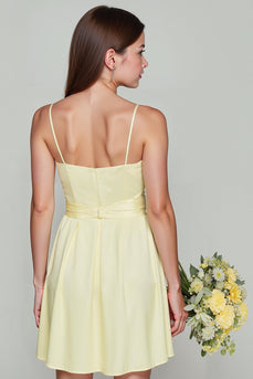Hellgelbes Spaghettiträger A-Linie Satin Kleid für junge Brautjungfern