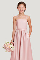 Laden Sie das Bild in den Galerie-Viewer, Einfaches Blush A Linie Satin Spaghettiträger Langes Junior Brautjungfernkleid