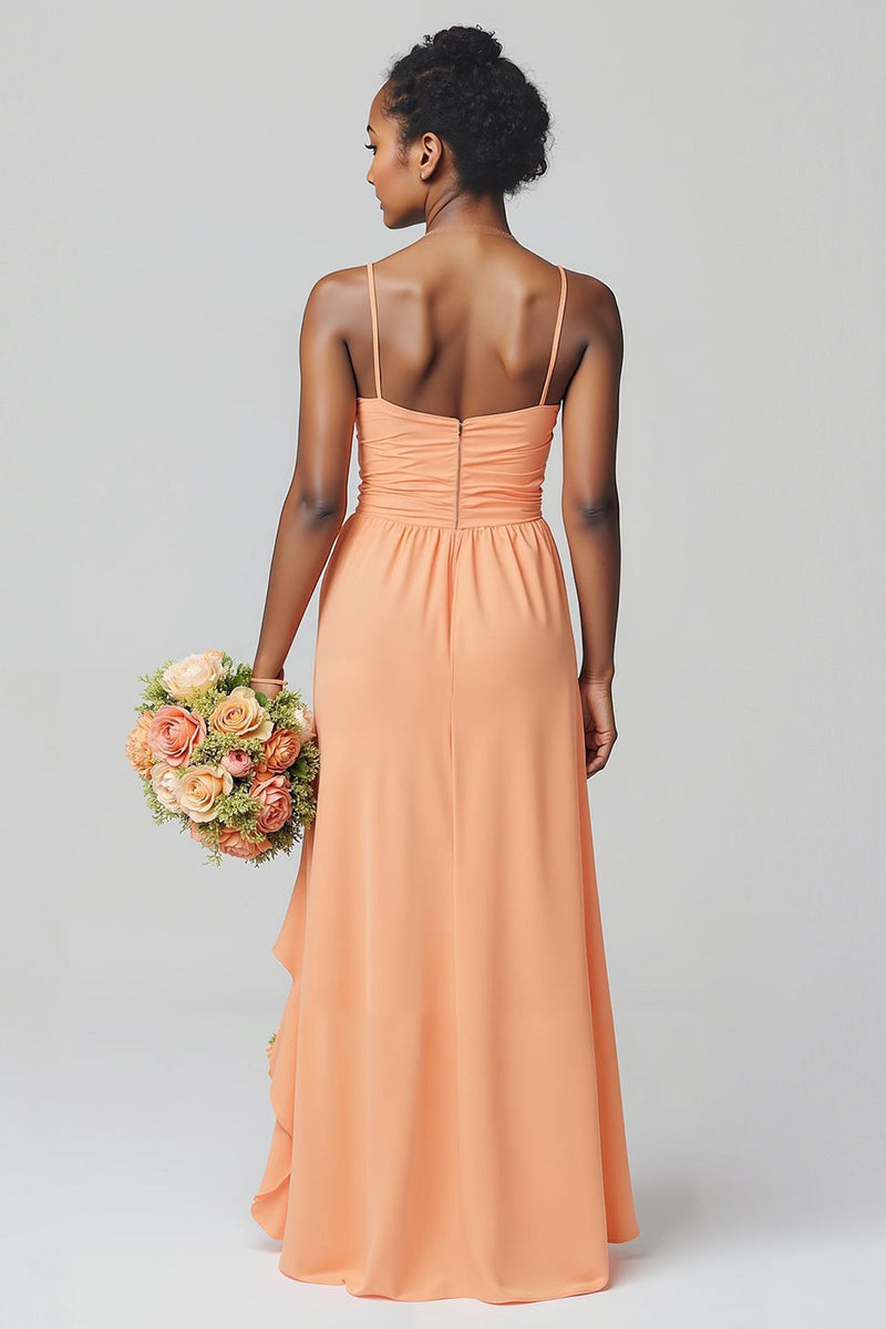 Laden Sie das Bild in den Galerie-Viewer, Sunset Etui Chiffon Rüschen Langes Junior Brautjungfernkleid mit Rüschen