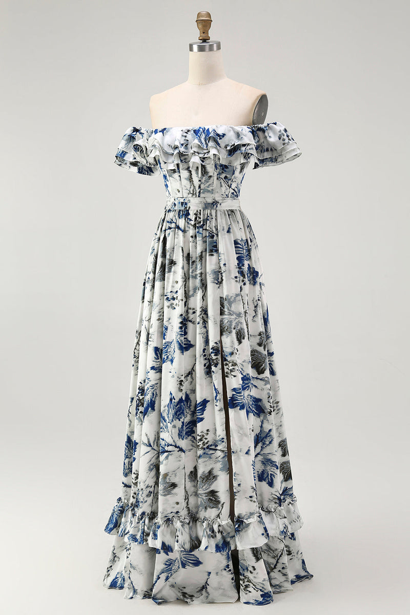 Laden Sie das Bild in den Galerie-Viewer, Blaues A-Linie Schulterfreies Geblümtes Brautjungfernkleid mit Rüschen