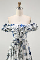 Laden Sie das Bild in den Galerie-Viewer, Blaues A-Linie Schulterfreies Geblümtes Brautjungfernkleid mit Rüschen