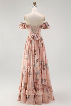 Blush Geblümtes Schulterfreies Brautjungfernkleid mit Rüschen