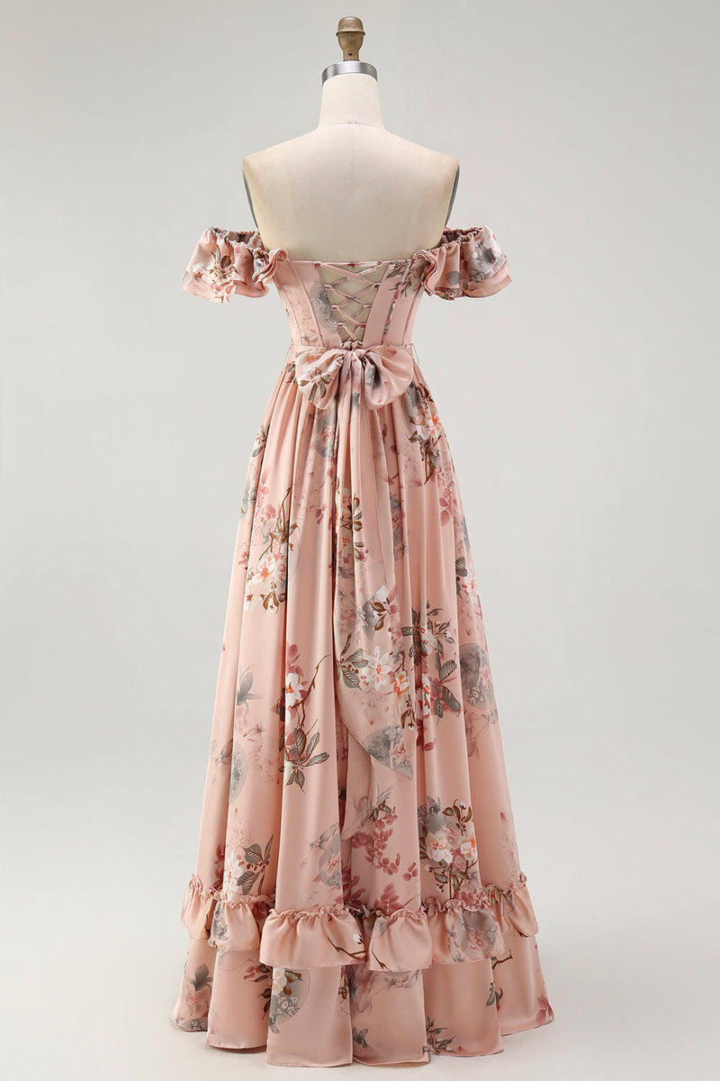 Laden Sie das Bild in den Galerie-Viewer, Blush Geblümtes Schulterfreies Brautjungfernkleid mit Rüschen