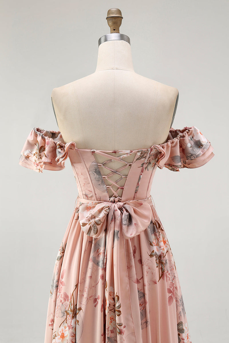 Laden Sie das Bild in den Galerie-Viewer, Blush Geblümtes Schulterfreies Brautjungfernkleid mit Rüschen