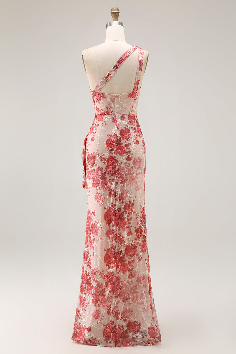 Laden Sie das Bild in den Galerie-Viewer, Champagner Blumen Eine Schulter Etui Hochzeitsgastkleid mit Schlitz