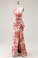 Laden Sie das Bild in den Galerie-Viewer, Champagner Blumen Eine Schulter Etui Hochzeitsgastkleid mit Schlitz