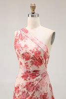 Laden Sie das Bild in den Galerie-Viewer, Champagner Blumen Eine Schulter Etui Hochzeitsgastkleid mit Schlitz