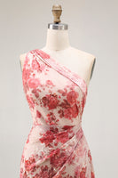 Laden Sie das Bild in den Galerie-Viewer, Champagner Blumen Eine Schulter Etui Hochzeitsgastkleid mit Schlitz