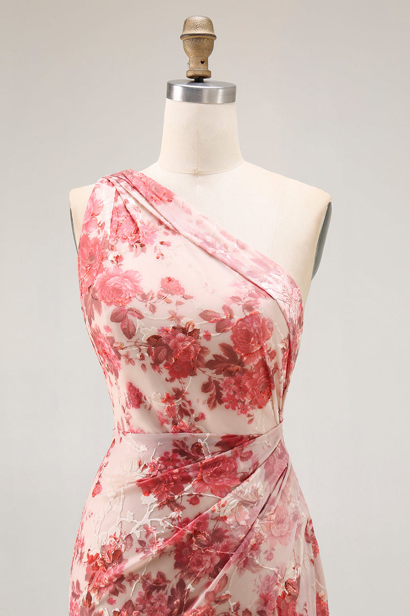 Laden Sie das Bild in den Galerie-Viewer, Champagner Blumen Eine Schulter Etui Hochzeitsgastkleid mit Schlitz