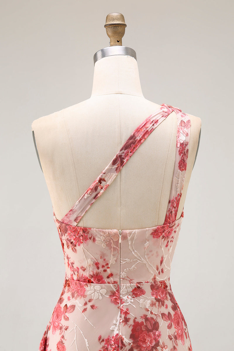 Laden Sie das Bild in den Galerie-Viewer, Champagner Blumen Eine Schulter Etui Hochzeitsgastkleid mit Schlitz