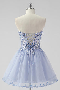 Glitzerndes Lavendel Trägerloses Perlenbesetztes A-Linie Abiballkleid mit Schnürung