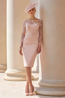 Laden Sie das Bild in den Galerie-Viewer, Blush Rosa Illusion U-Boot Ausschnitt Satin Midi Mutter der Braut Kleid mit Spitze