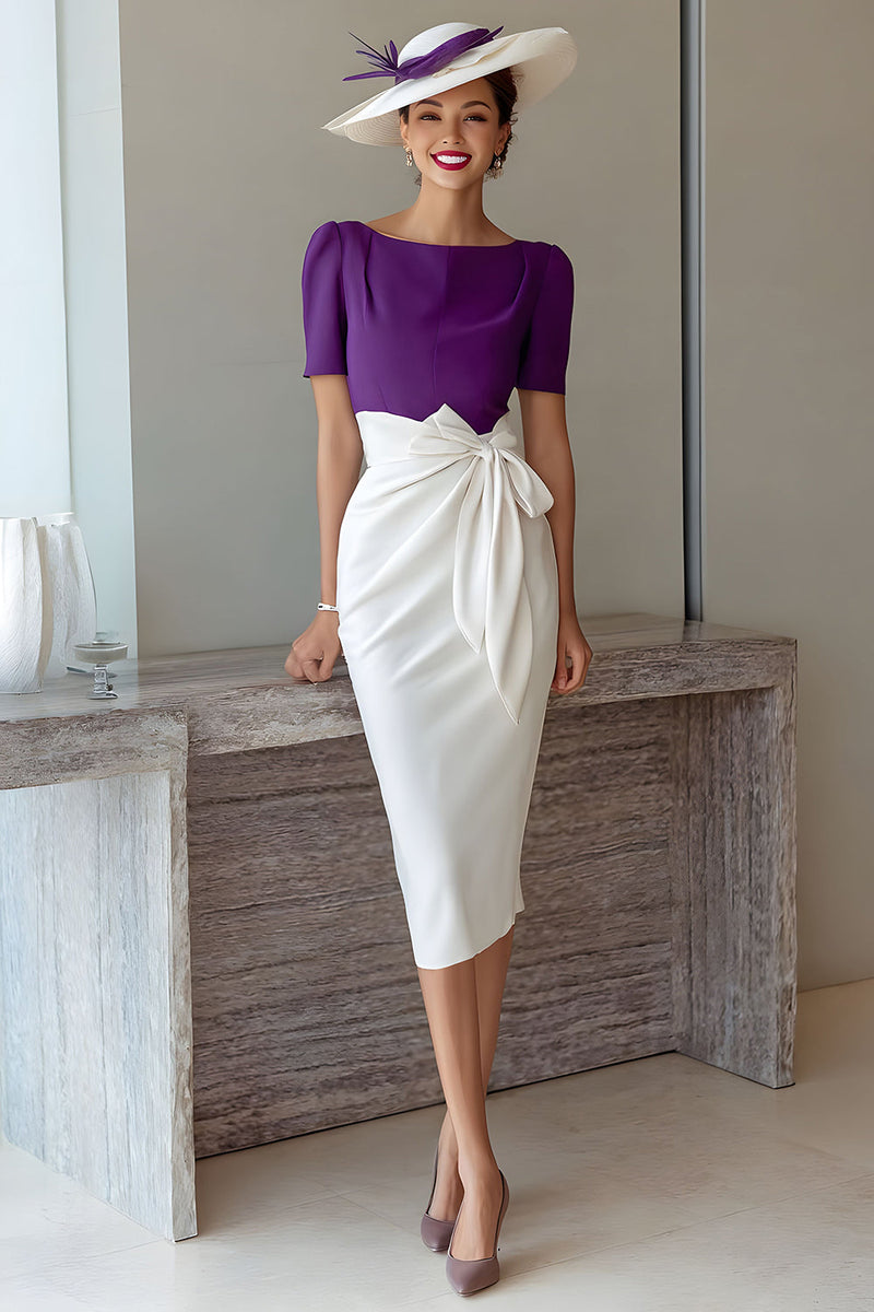 Laden Sie das Bild in den Galerie-Viewer, Grape Bleistift Chiffon U-Boot-Ausschnitt Midi Brautmutter Kleid mit Schleife