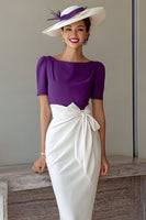 Laden Sie das Bild in den Galerie-Viewer, Grape Bleistift Chiffon U-Boot-Ausschnitt Midi Brautmutter Kleid mit Schleife