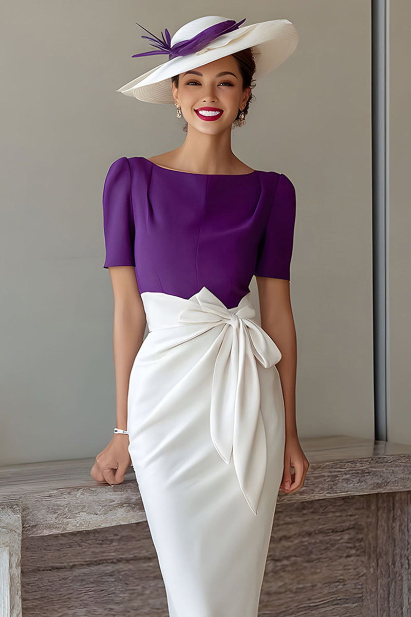 Laden Sie das Bild in den Galerie-Viewer, Grape Bleistift Chiffon U-Boot-Ausschnitt Midi Brautmutter Kleid mit Schleife
