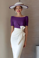 Laden Sie das Bild in den Galerie-Viewer, Grape Bleistift Chiffon U-Boot-Ausschnitt Midi Brautmutter Kleid mit Schleife