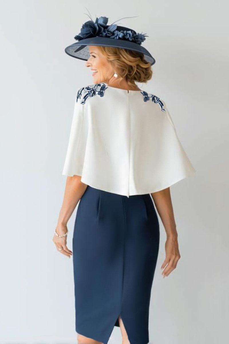 Laden Sie das Bild in den Galerie-Viewer, 2-teiliges Blumen Marineblaues Bodycon Kleid für die Brautmutter aus Satin