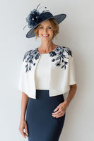 Laden Sie das Bild in den Galerie-Viewer, 2-teiliges Blumen Marineblaues Bodycon Kleid für die Brautmutter aus Satin