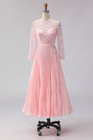 Laden Sie das Bild in den Galerie-Viewer, Blush Rosa Chiffon A Linie Plissiertes Midikleid für die Brautmutter mit Spitze