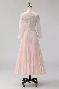 Roushrosa Chiffon Falten A-Linie Midi Mutter der Braut Kleid mit Spitze