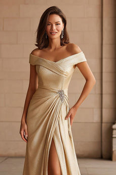 Champagner Metallic Schulterfreies Langes Brautmutterkleid mit Schlitz