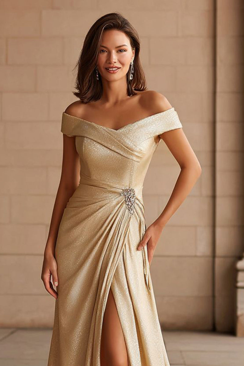 Laden Sie das Bild in den Galerie-Viewer, Champagner Metallic Schulterfreies Langes Brautmutterkleid mit Schlitz