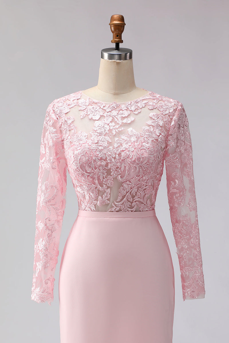 Laden Sie das Bild in den Galerie-Viewer, Blush Rosa Applikiertes Scheide Midi Mutter der Braut Kleid mit Ärmeln