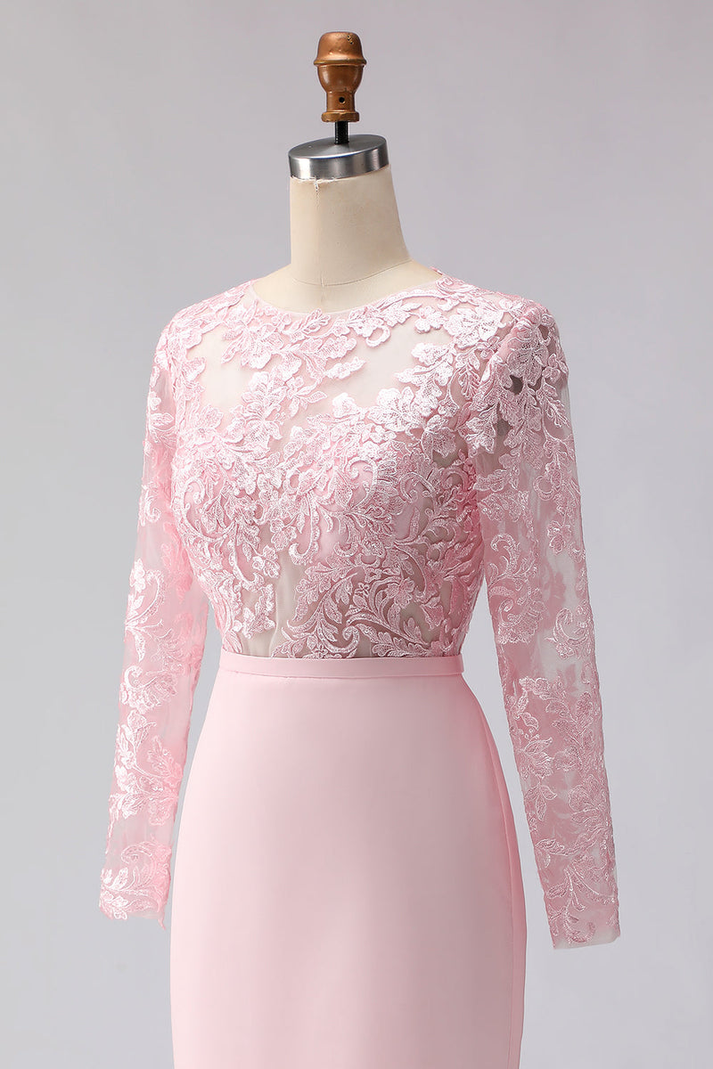 Laden Sie das Bild in den Galerie-Viewer, Blush Rosa Applikiertes Scheide Midi Mutter der Braut Kleid mit Ärmeln