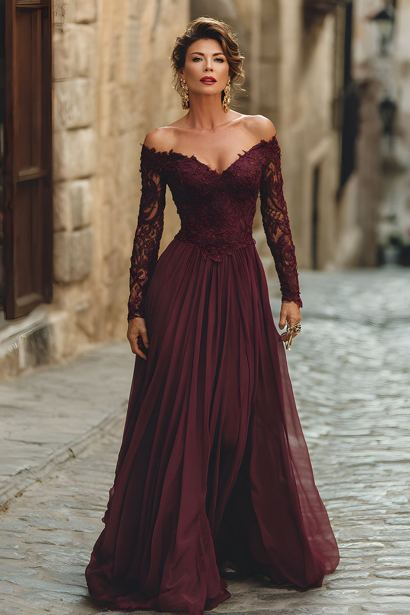 Laden Sie das Bild in den Galerie-Viewer, A-Linie Cabernet Maxi Mutter der Braut Kleid mit Spitze