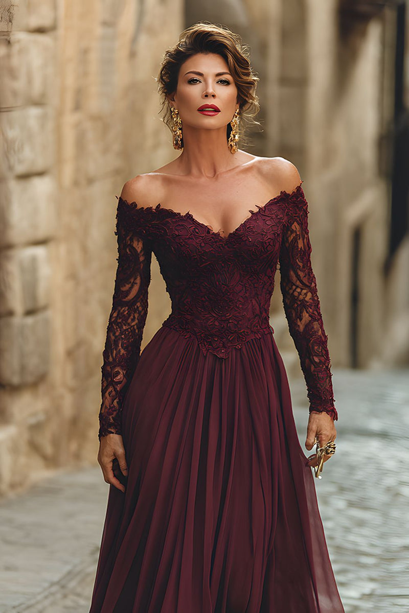 Laden Sie das Bild in den Galerie-Viewer, A-Linie Cabernet Maxi Mutter der Braut Kleid mit Spitze