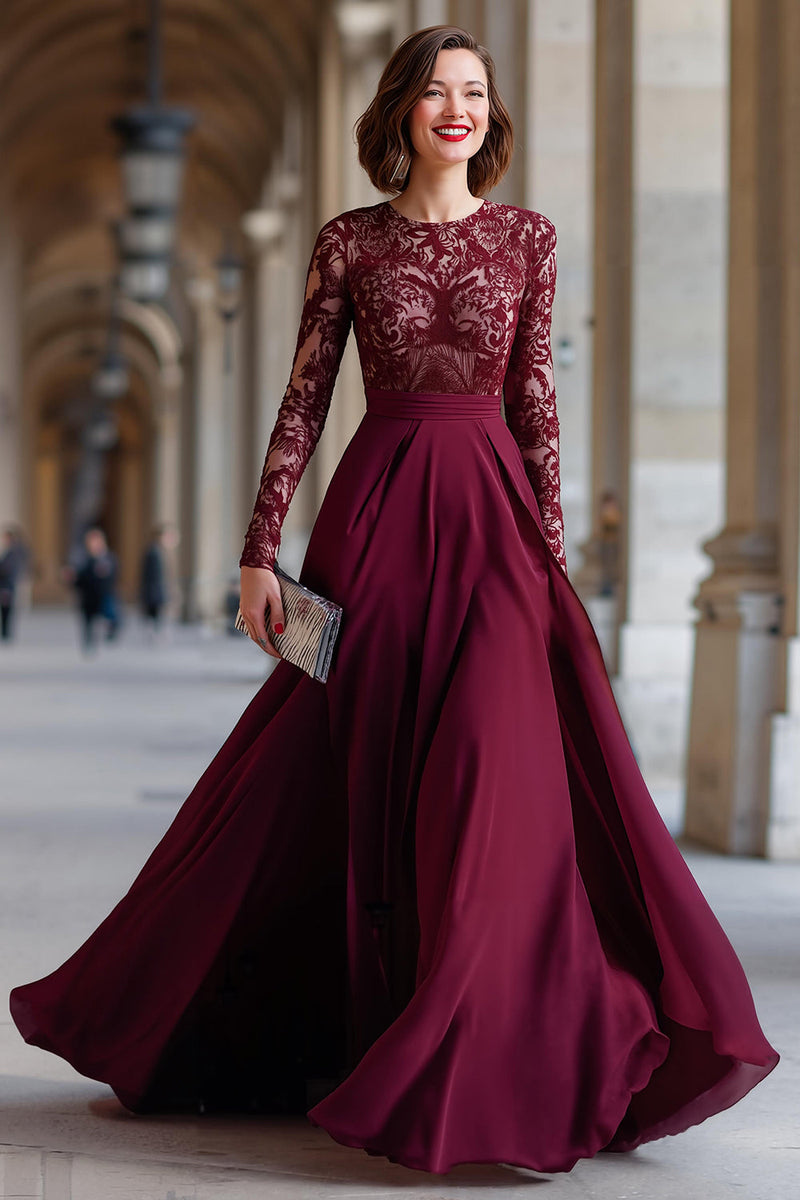 Laden Sie das Bild in den Galerie-Viewer, Cabernet Chiffon A Linie Langarm Brautmutterkleid mit Spitze