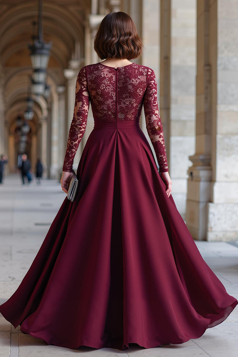 Laden Sie das Bild in den Galerie-Viewer, Cabernet Chiffon A Linie Langarm Brautmutterkleid mit Spitze