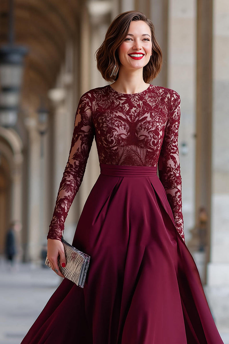 Laden Sie das Bild in den Galerie-Viewer, Cabernet Chiffon A Linie Langarm Brautmutterkleid mit Spitze