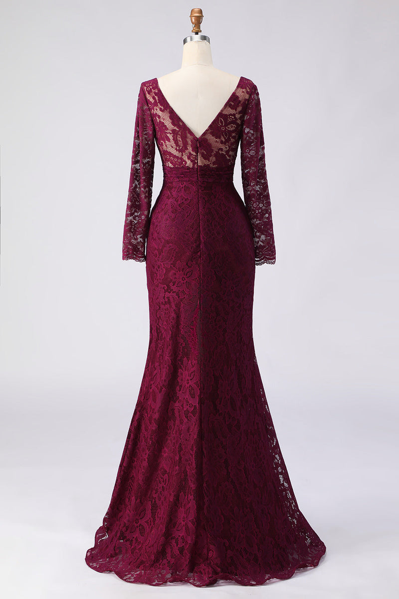 Laden Sie das Bild in den Galerie-Viewer, Cabernet Spitzenapplikation Meerjungfrauen V-Ausschnitt Langes Mutter der Braut Kleid