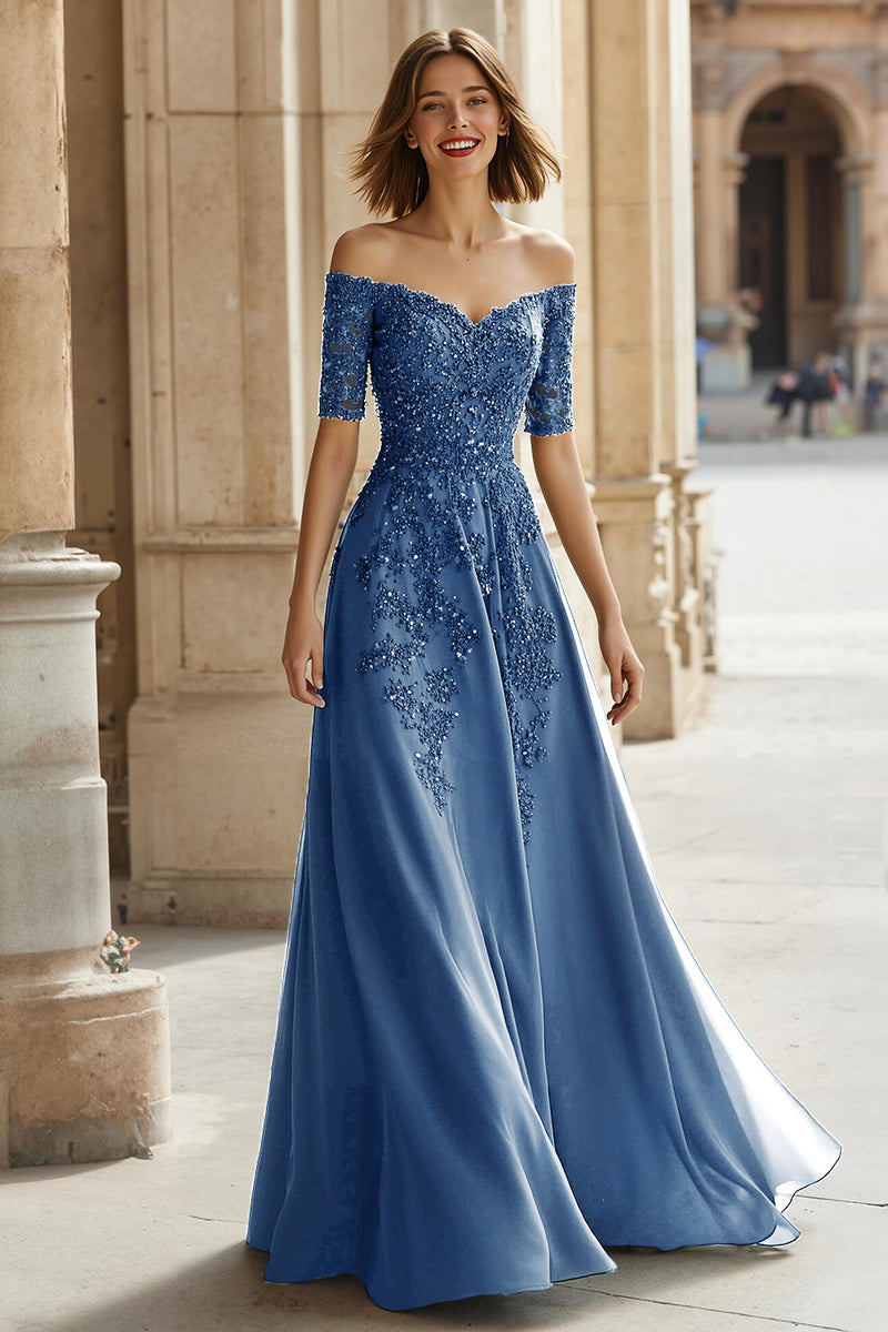 Laden Sie das Bild in den Galerie-Viewer, A-Linie Schulterfreies Kleid für die Mutter der Braut mit Applikationen