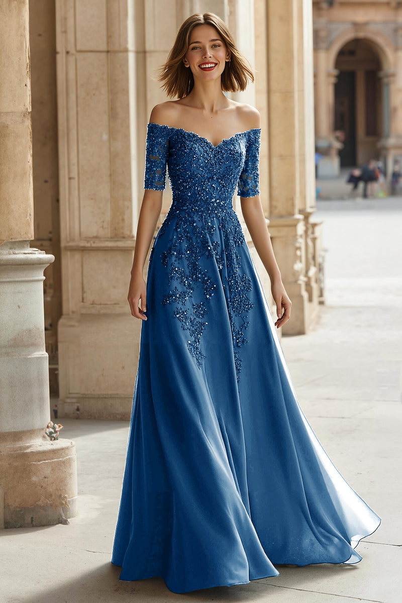 Laden Sie das Bild in den Galerie-Viewer, A-Linie Schulterfreies Kleid für die Mutter der Braut mit Applikationen