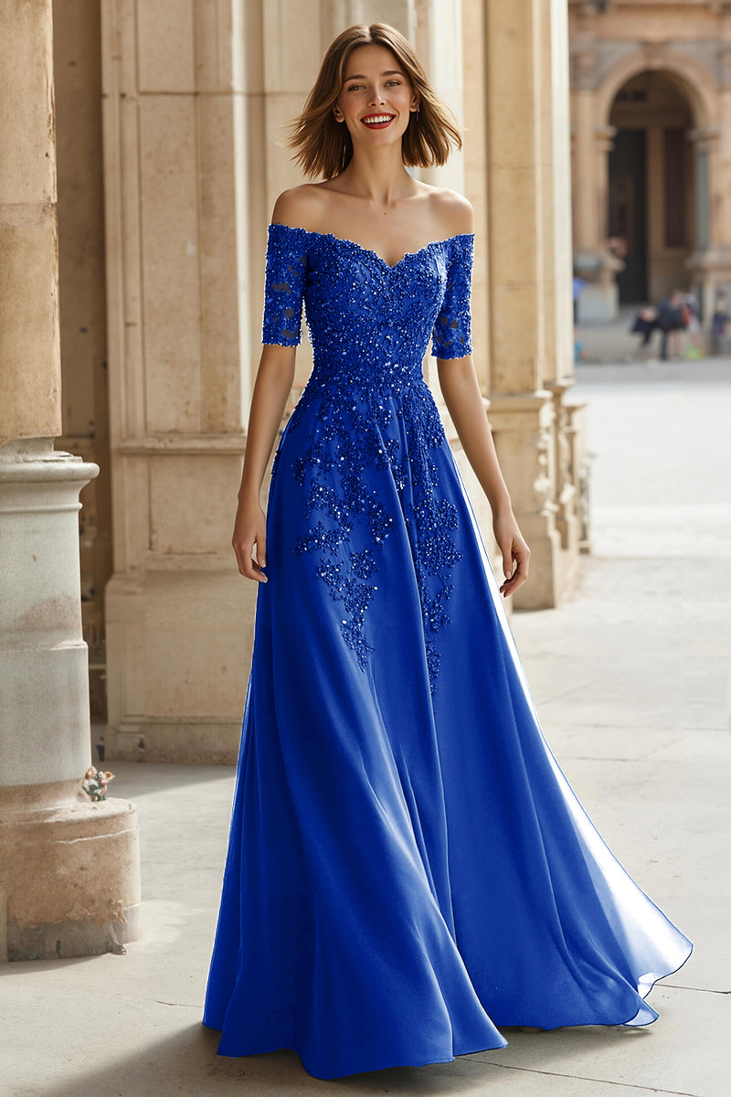 Laden Sie das Bild in den Galerie-Viewer, A-Linie Schulterfreies Kleid für die Mutter der Braut mit Applikationen