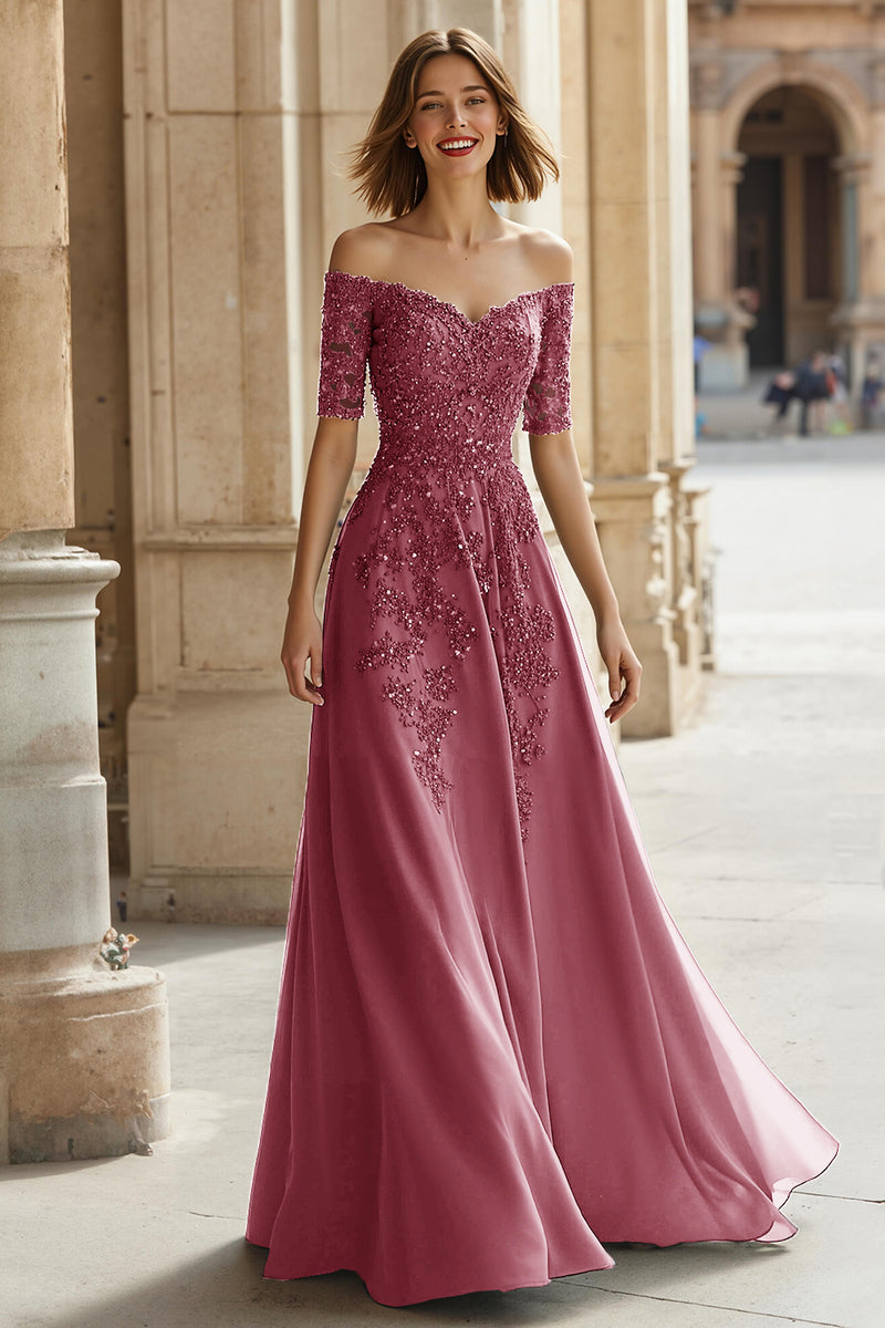 Laden Sie das Bild in den Galerie-Viewer, A-Linie Schulterfreies Kleid für die Mutter der Braut mit Applikationen