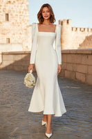 Laden Sie das Bild in den Galerie-Viewer, Elfenbein Meerjungfrauen Standesamtkleid mit quadratischem Ausschnitt und langen Ärmeln