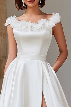 Elfenbein Satin A Linie Sweep Train Brautkleid mit Schlitz