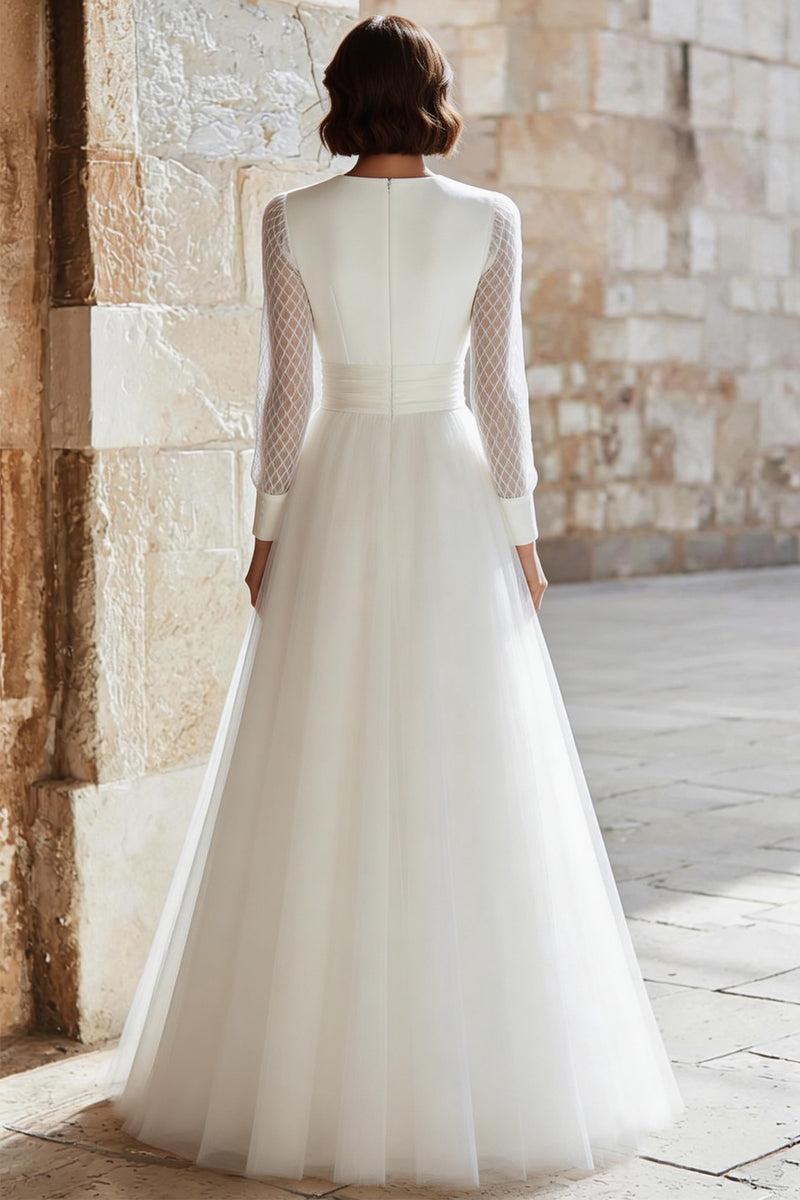 Laden Sie das Bild in den Galerie-Viewer, Elfenbein Langes A-Linie Tüll Brautkleid mit Tiefer V-Ausschnitt