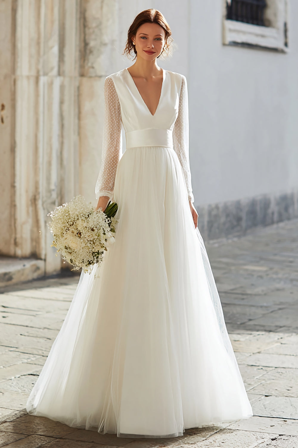 Elegantes Elfenbein A-Linie Maxi Brautkleid mit V-Ausschnitt und Ärmeln