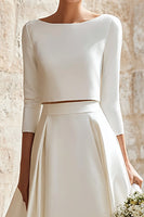 Laden Sie das Bild in den Galerie-Viewer, Elfenbein A Linie 2-teiliges Brautkleid aus Satin mit U-Boot-Ausschnitt und Sweep Train