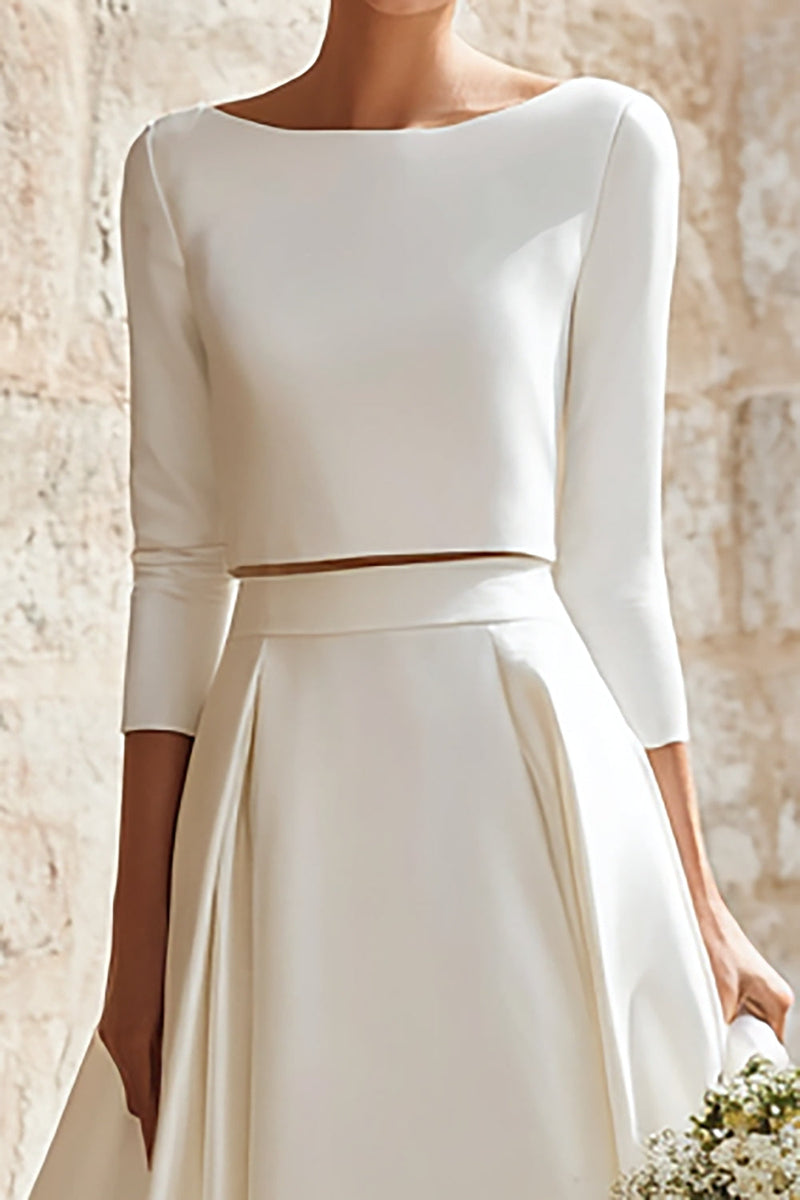 Laden Sie das Bild in den Galerie-Viewer, Elfenbein A Linie 2-teiliges Brautkleid aus Satin mit U-Boot-Ausschnitt und Sweep Train