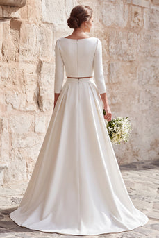 Elfenbein A Linie 2-teiliges Brautkleid aus Satin mit U-Boot-Ausschnitt und Sweep Train