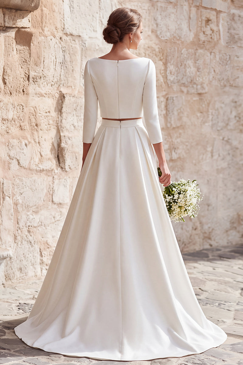 Laden Sie das Bild in den Galerie-Viewer, Elfenbein A Linie 2-teiliges Brautkleid aus Satin mit U-Boot-Ausschnitt und Sweep Train